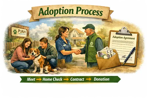An illustration of the process and procedure when adopting and rehoming a dog from Penny Jones Animal Hospice, Hethersgill, CARLISLE
