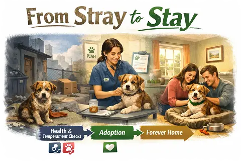 Graphic depicting the steps involved in rescuing and rehabilitating a stray, unwanted or abused dog.